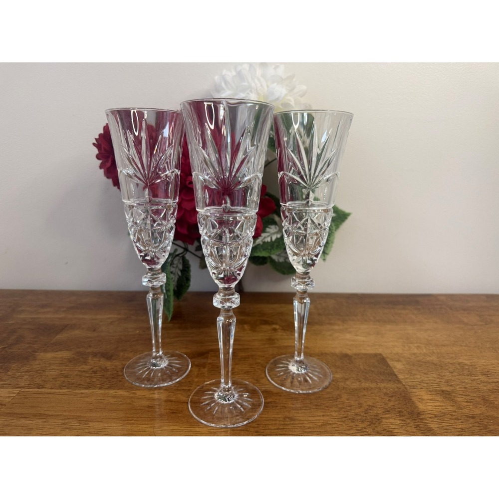 Vintage Cristal d'Arques Clear Cut Champagne Flutes Set of Three MCM Bar Cart